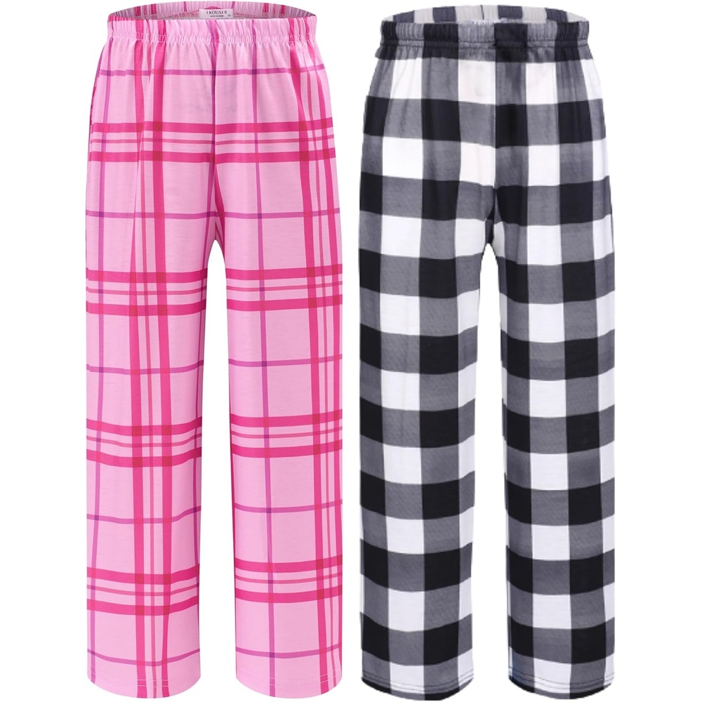 image:imageEkouaer 2 Pack Girls Pajama Pants Cute Print PJ Bottoms With PocketsBlack Plaidpink Plaid