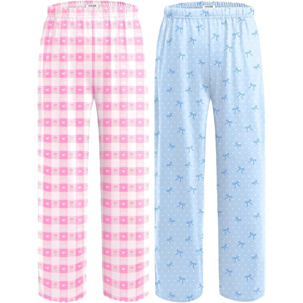 image:imageEkouaer 2 Pack Girls Pajama Pants Cute Print PJ Bottoms With PocketsBlue Bowpink Plaid