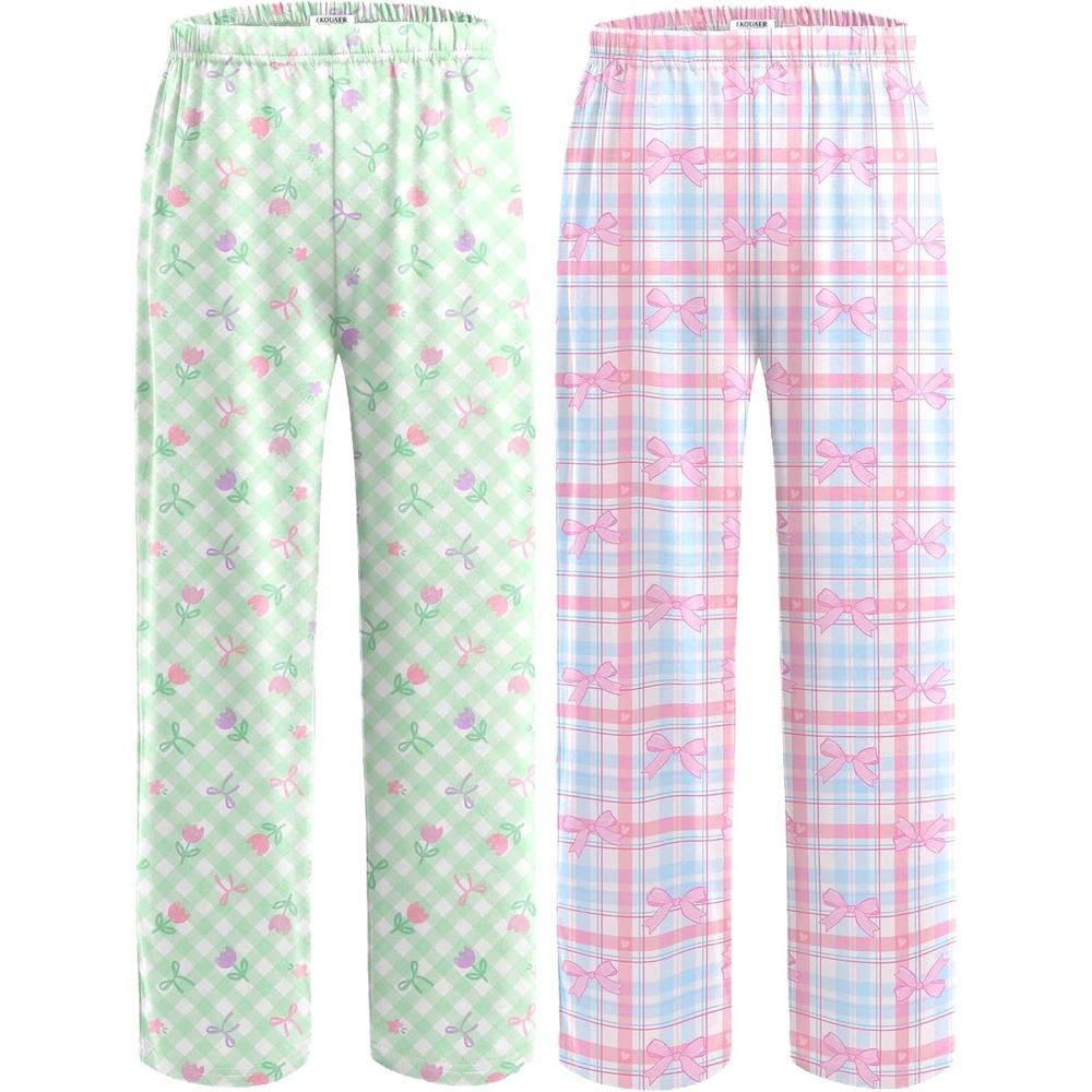image:imageEkouaer 2 Pack Girls Pajama Pants Cute Print PJ Bottoms With PocketsGreen Plaidpink Plaid
