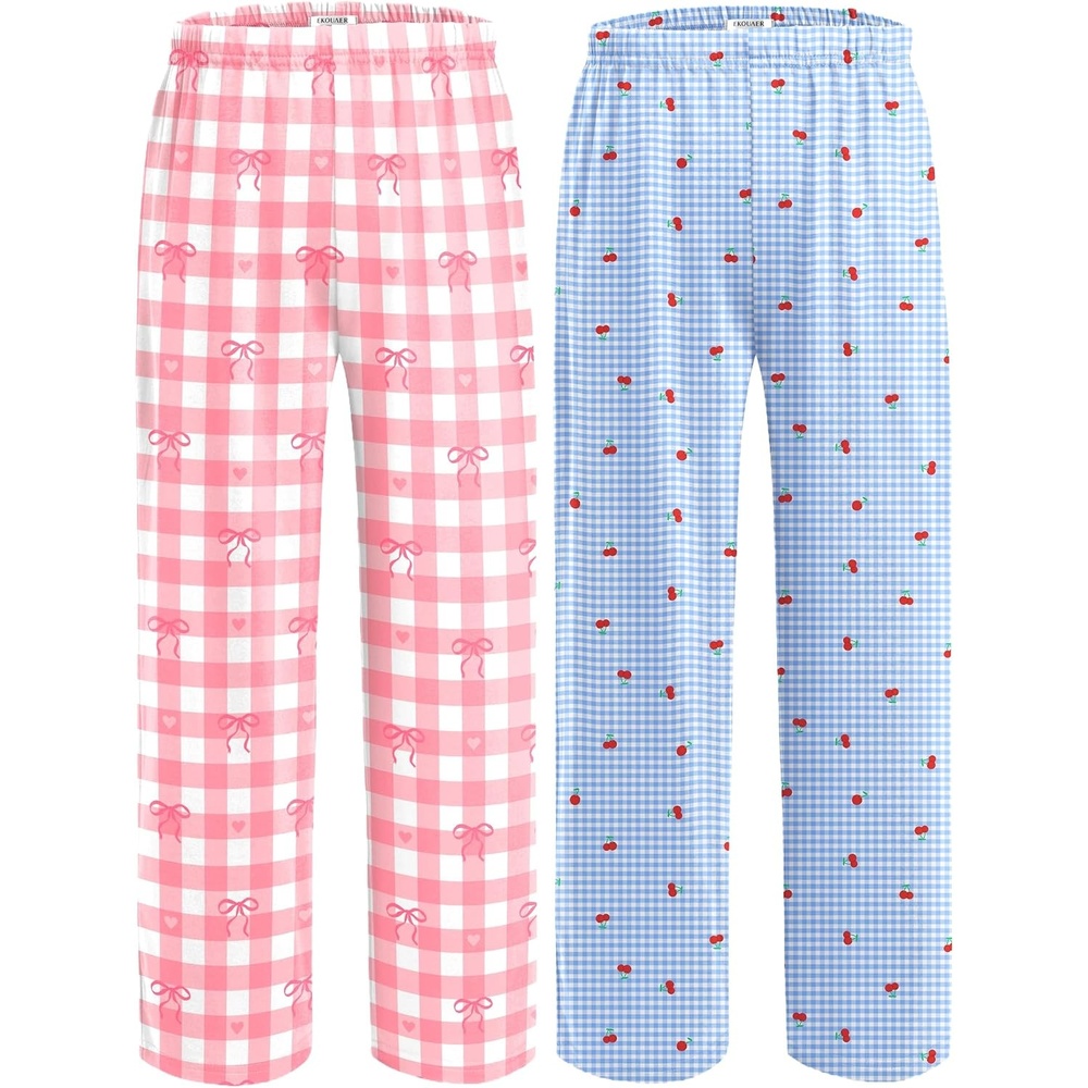image:imageEkouaer 2 Pack Girls Pajama Pants Cute Print PJ Bottoms With PocketsPink Plaidcherry Plaid