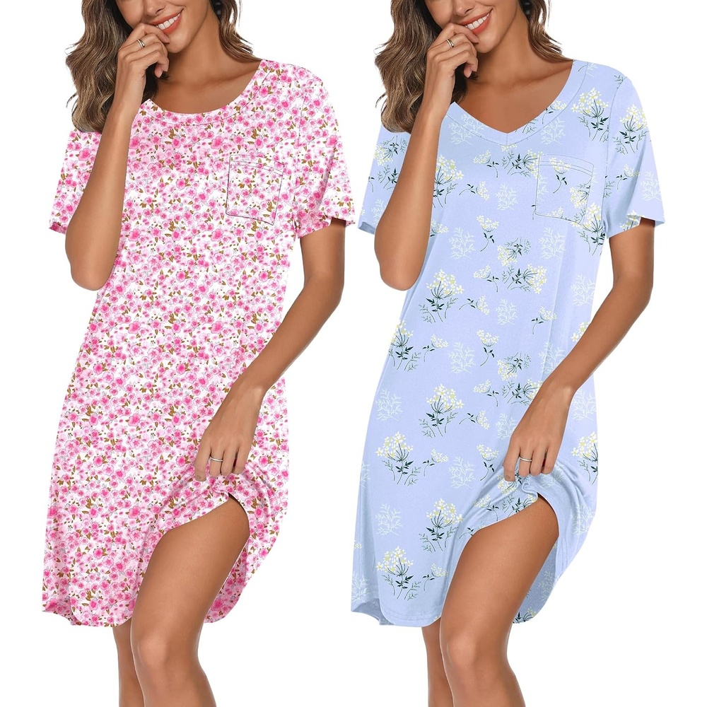 image:imageEkouaer 2 Pack Nightgowns for Women Bamboo Viscose Short Sleeve Sleep ShirtFloral Mint GreenFloral Pink