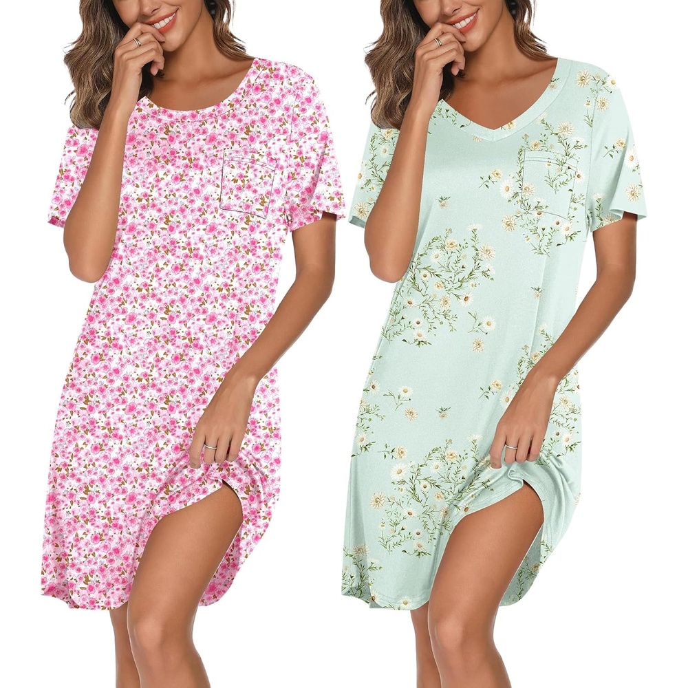 image:imageEkouaer 2 Pack Nightgowns for Women Bamboo Viscose Short Sleeve Sleep ShirtFloral PinkFloral Light Green