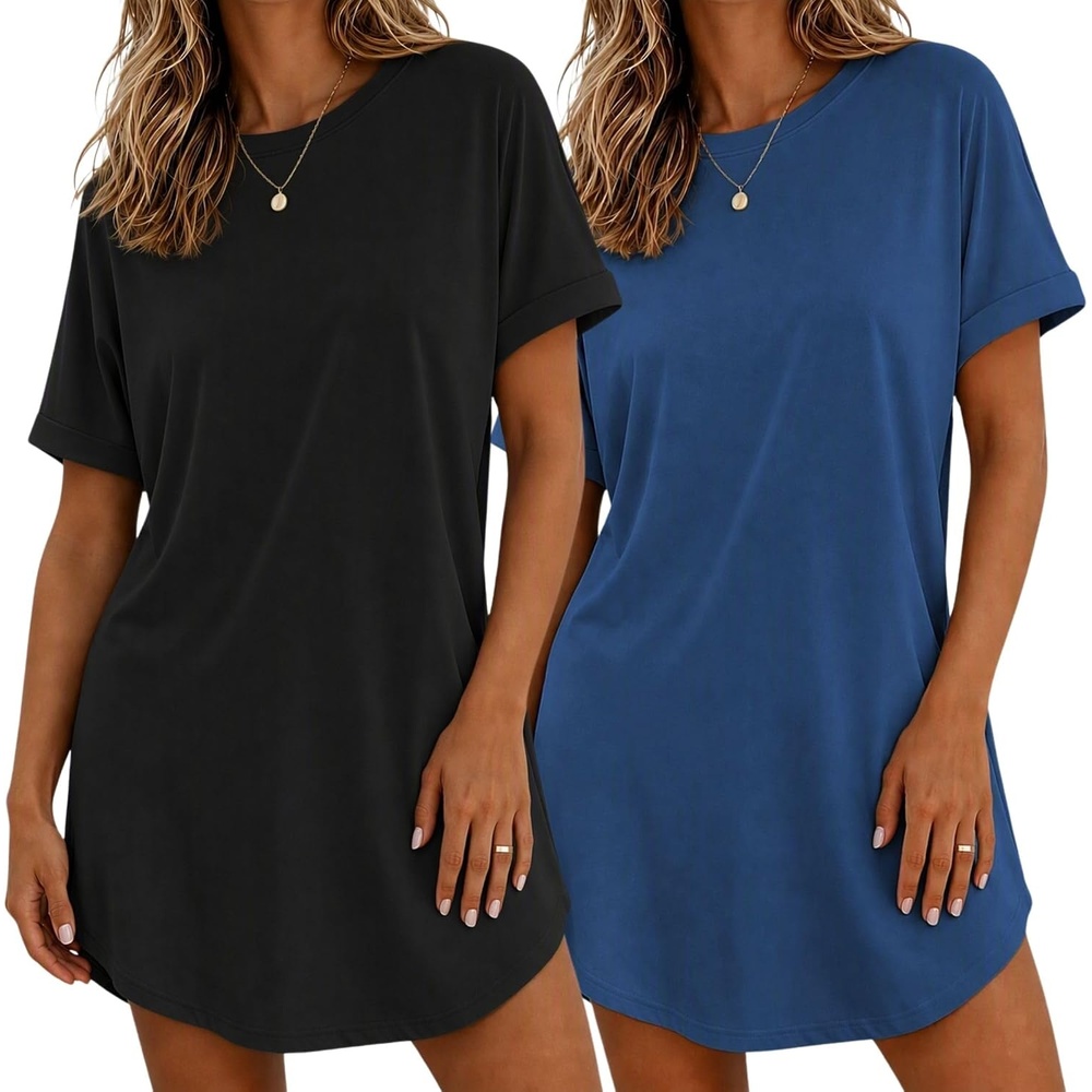 image:imageEkouaer 2 Pack Nightgowns for Women Bamboo Viscose Short Sleeve SleepshirtBlackBlue
