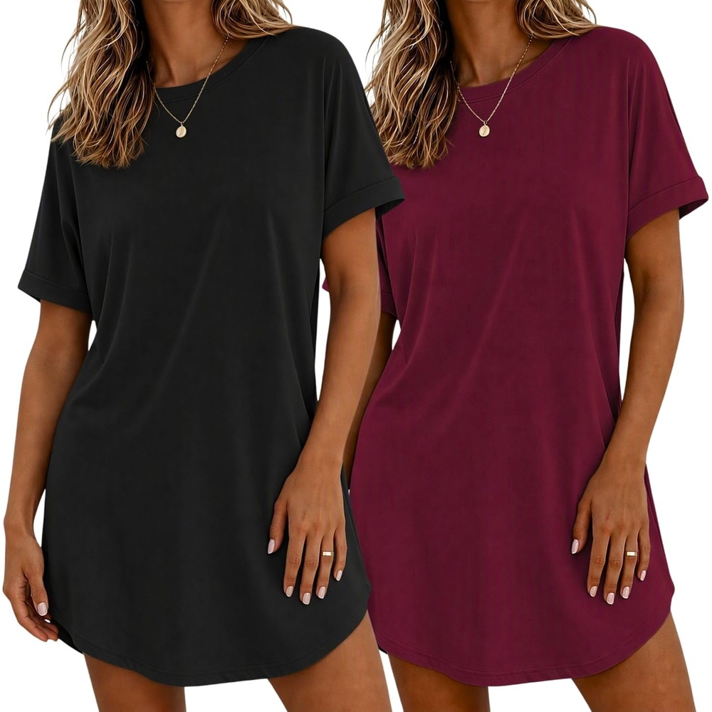 image:imageEkouaer 2 Pack Nightgowns for Women Bamboo Viscose Short Sleeve SleepshirtBlackWine Red