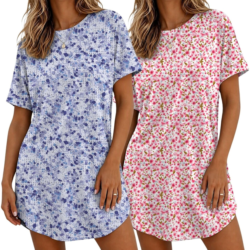 image:imageEkouaer 2 Pack Nightgowns for Women Bamboo Viscose Short Sleeve SleepshirtFloral PinkPurple Dots