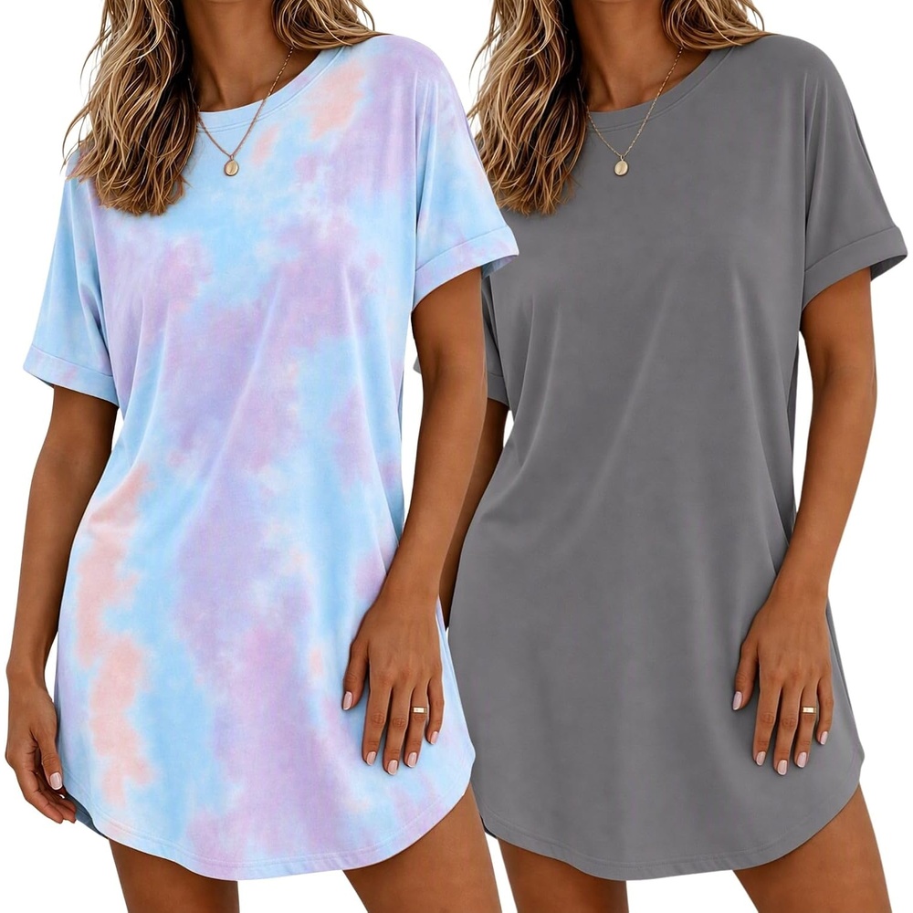 image:imageEkouaer 2 Pack Nightgowns for Women Bamboo Viscose Short Sleeve SleepshirtGreyTie Dye Blue