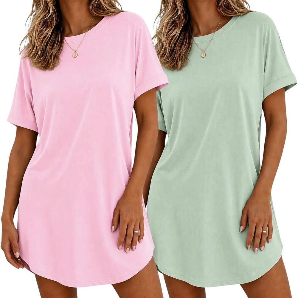 image:imageEkouaer 2 Pack Nightgowns for Women Bamboo Viscose Short Sleeve SleepshirtLight PinkLight Green