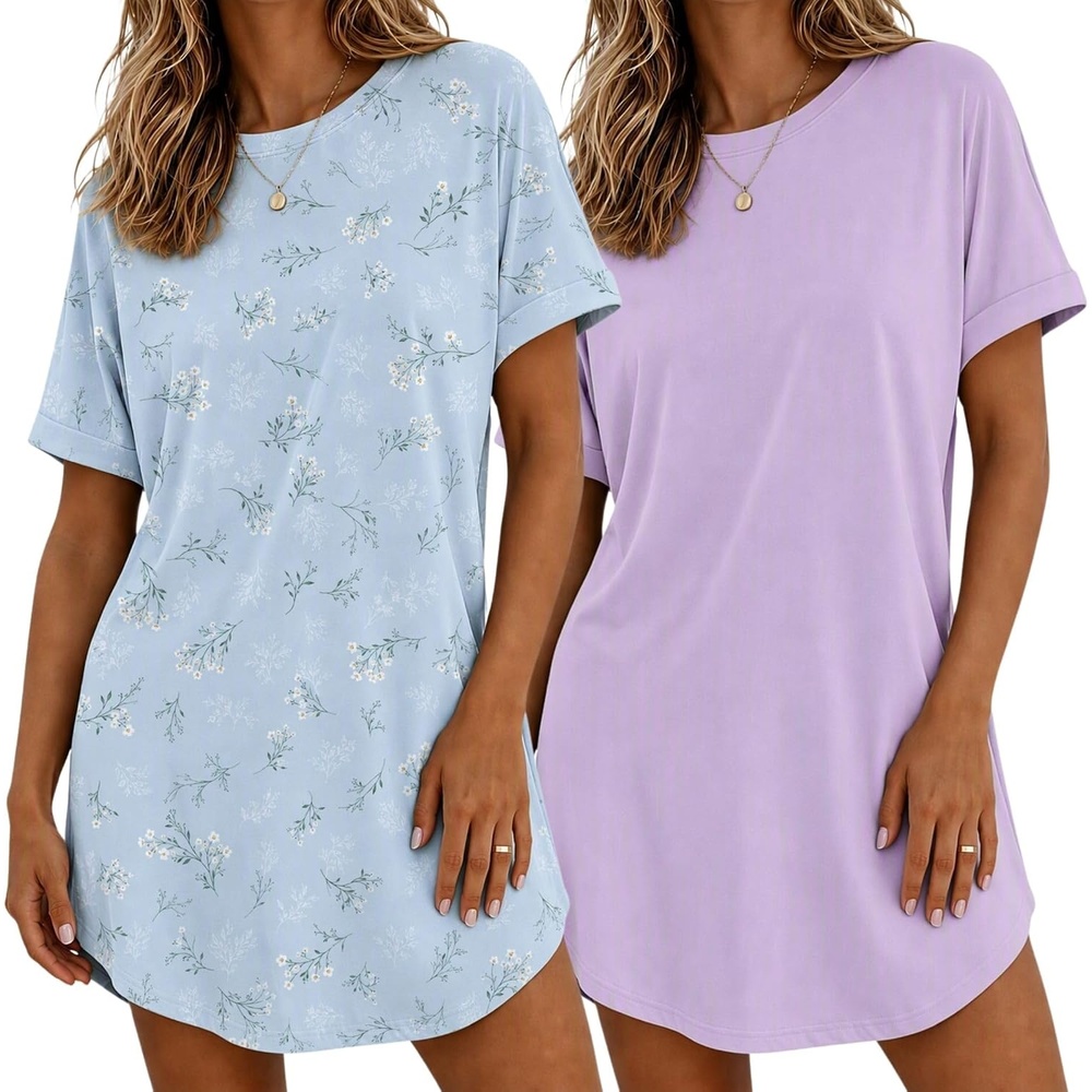 image:imageEkouaer 2 Pack Nightgowns for Women Bamboo Viscose Short Sleeve SleepshirtLilacFloral Light Blue