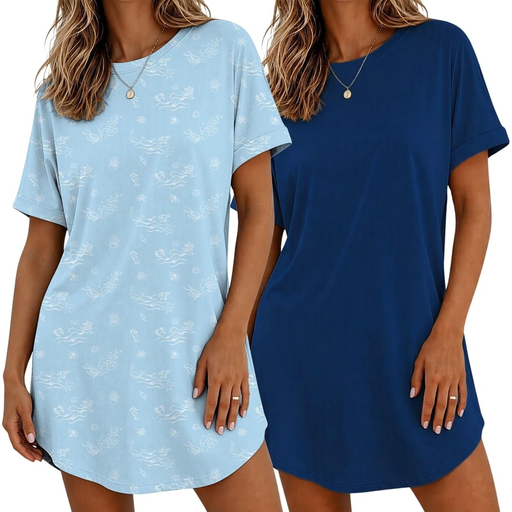image:imageEkouaer 2 Pack Nightgowns for Women Bamboo Viscose Short Sleeve SleepshirtNavy BlueBlue Sea