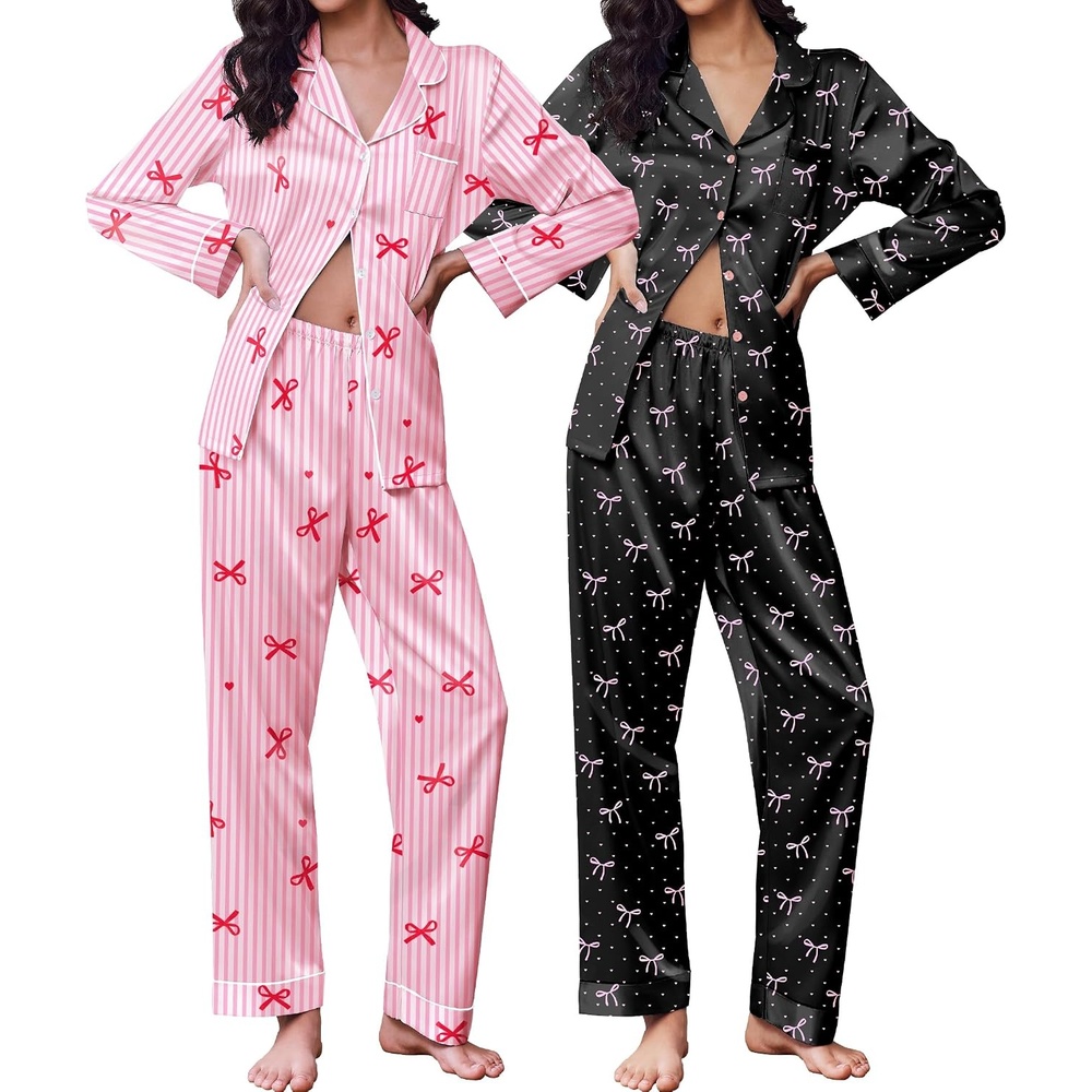 image:imageEkouaer 2 Pack Pajamas for Women Set Silk Lounge Sets Button Up Pj SetsBlack Pink Bow  Pink Stripes Bow