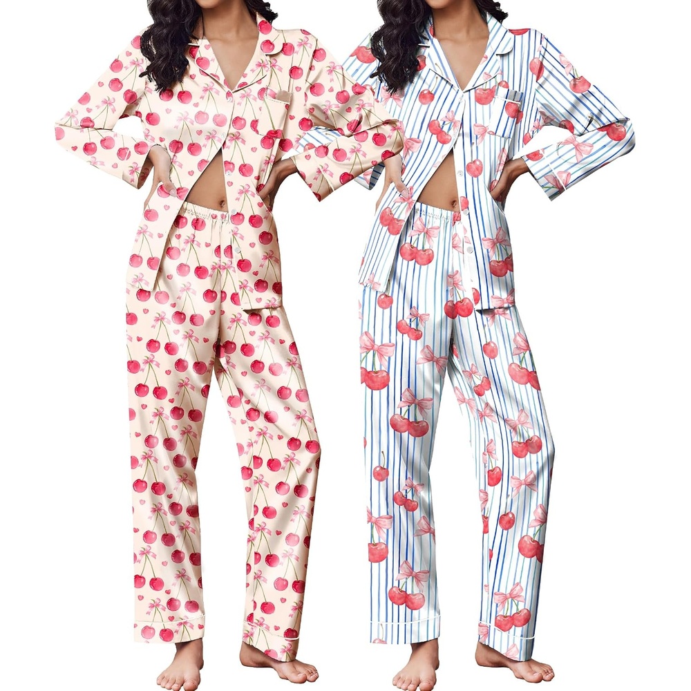 image:imageEkouaer 2 Pack Pajamas for Women Set Silk Lounge Sets Button Up Pj SetsBlue CherryPink Cherry
