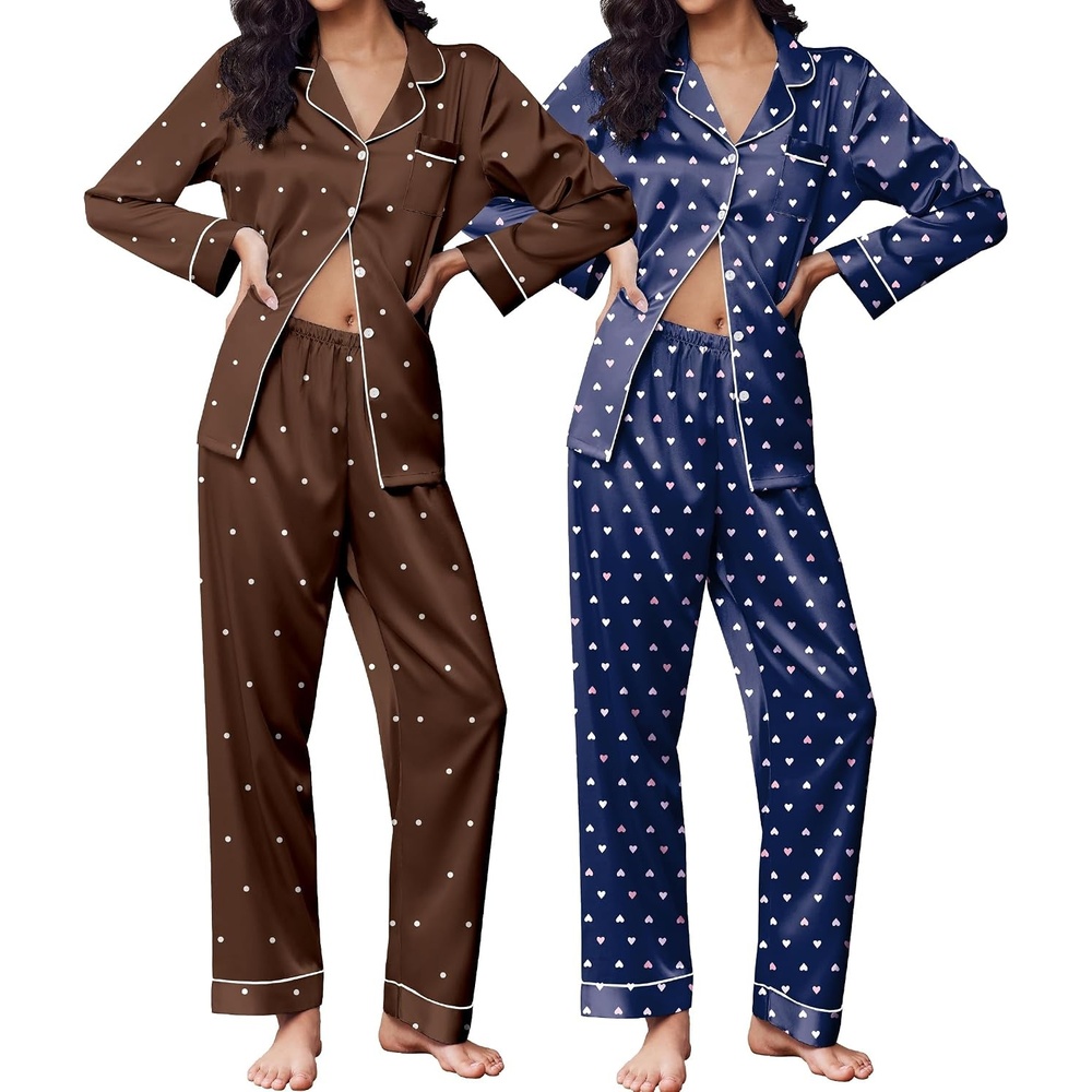 image:imageEkouaer 2 Pack Pajamas for Women Set Silk Lounge Sets Button Up Pj SetsBlue White Hearts  Brown White Polka Dots