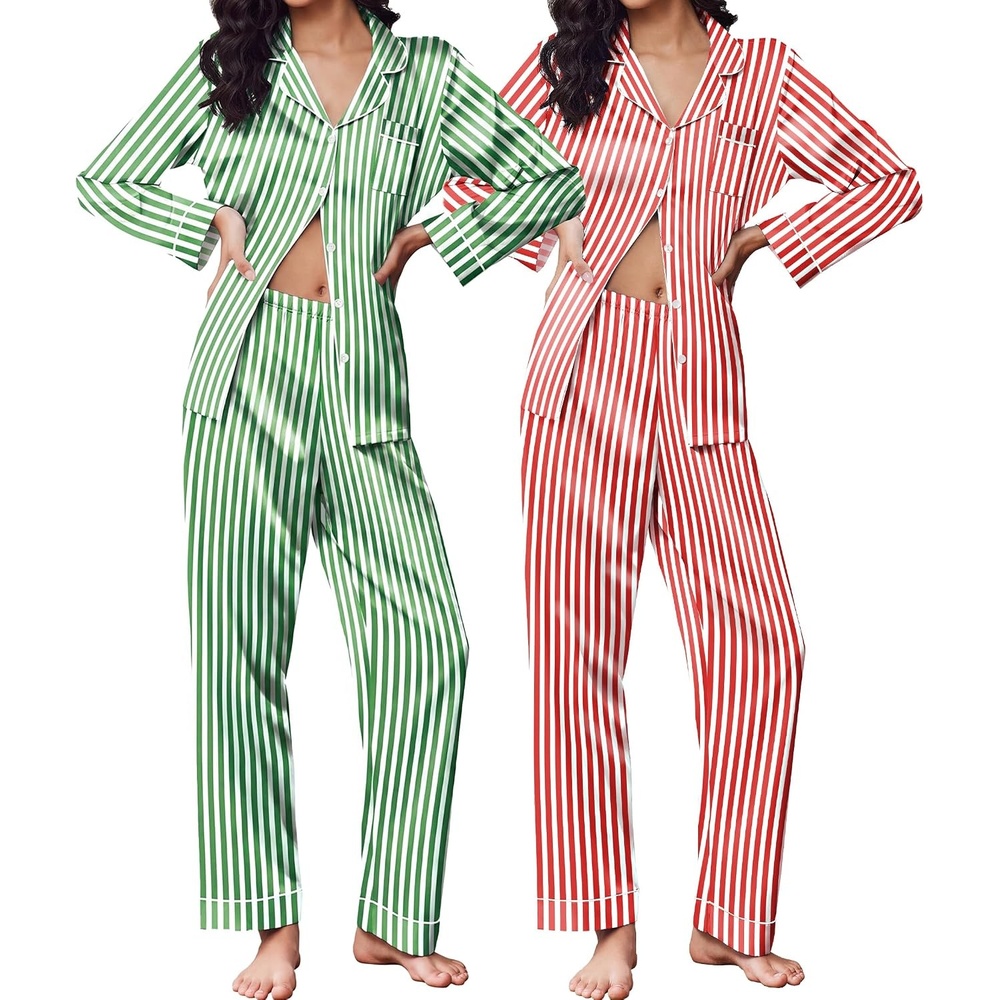 image:imageEkouaer 2 Pack Pajamas for Women Set Silk Lounge Sets Button Up Pj SetsGreen Stripes  Red Stripes2