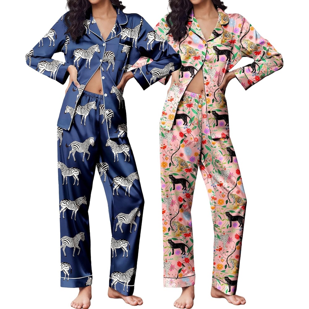 image:imageEkouaer 2 Pack Pajamas for Women Set Silk Lounge Sets Button Up Pj SetsPink TigerNavy Zebra