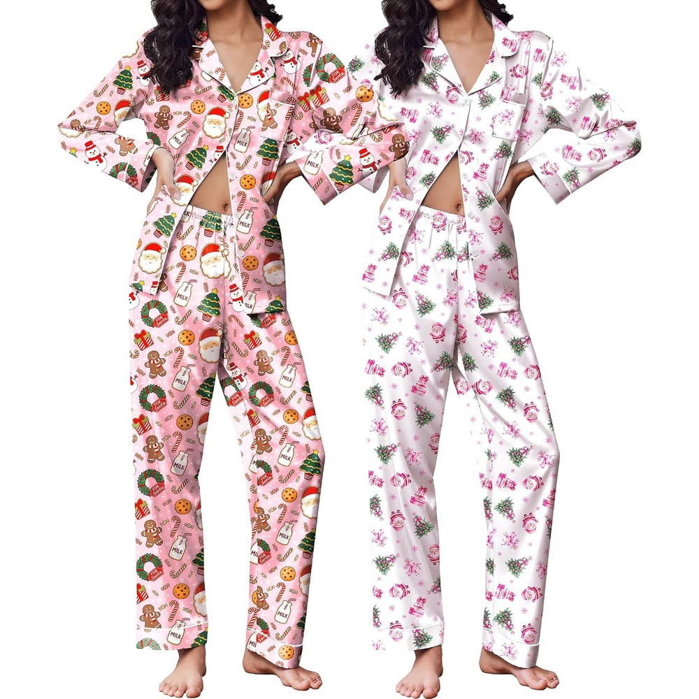 image:imageEkouaer 2 Pack Pajamas for Women Set Silk Lounge Sets Button Up Pj SetsWhite Christmas  Pink Christmas