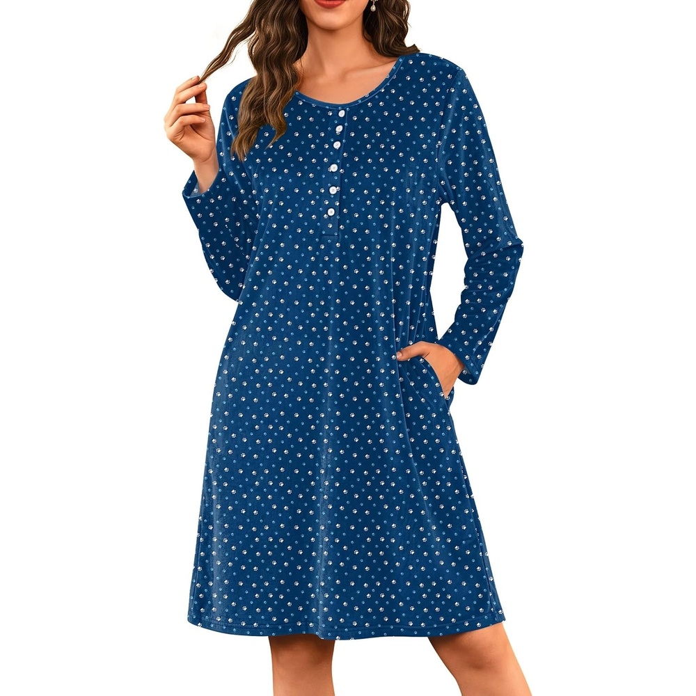 image:imageEkouaer Flannel Nightgowns for Women Long Sleeve Night Gown Warm NightshirtA Blue Puppy