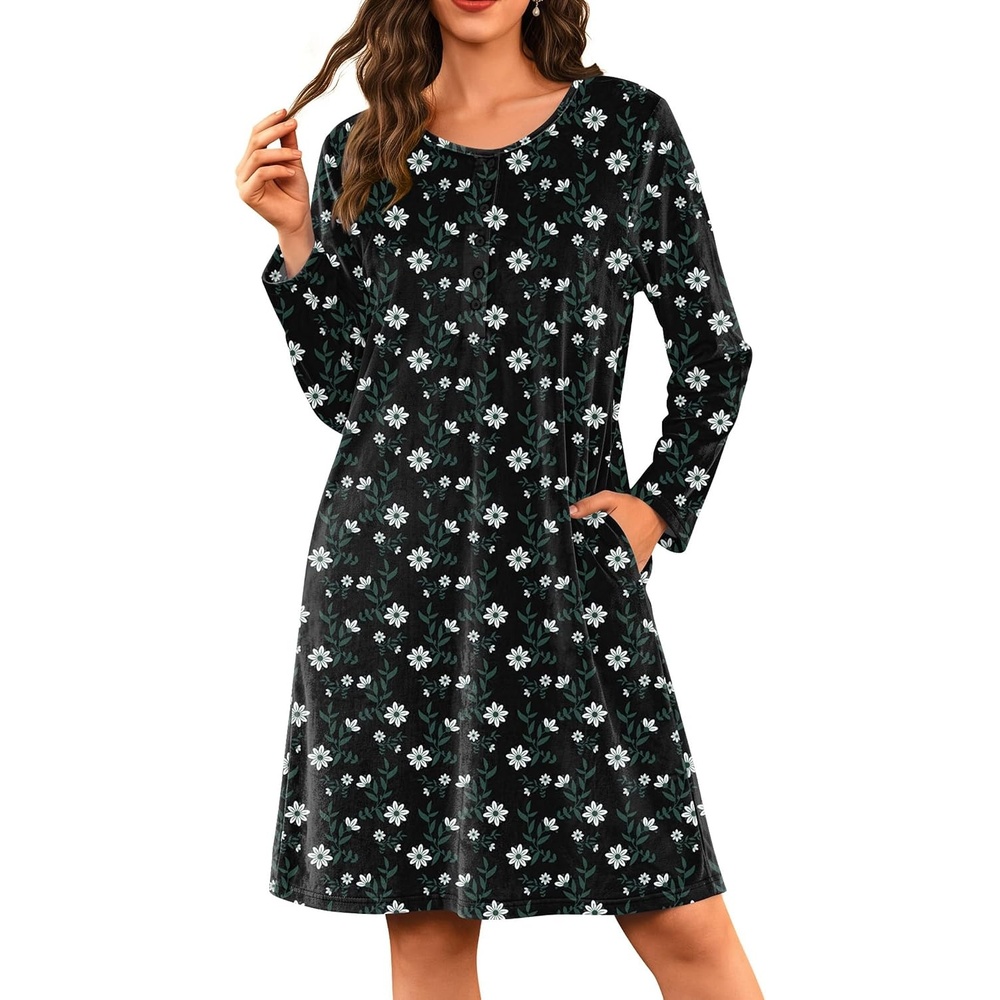 image:imageEkouaer Flannel Nightgowns for Women Long Sleeve Night Gown Warm NightshirtBlack Daisy Flower