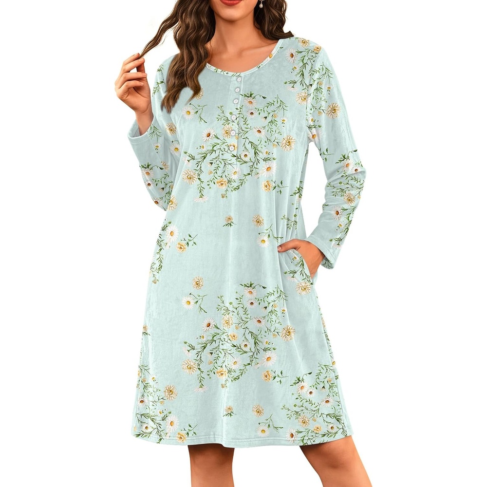 image:imageEkouaer Flannel Nightgowns for Women Long Sleeve Night Gown Warm NightshirtGreen Floral