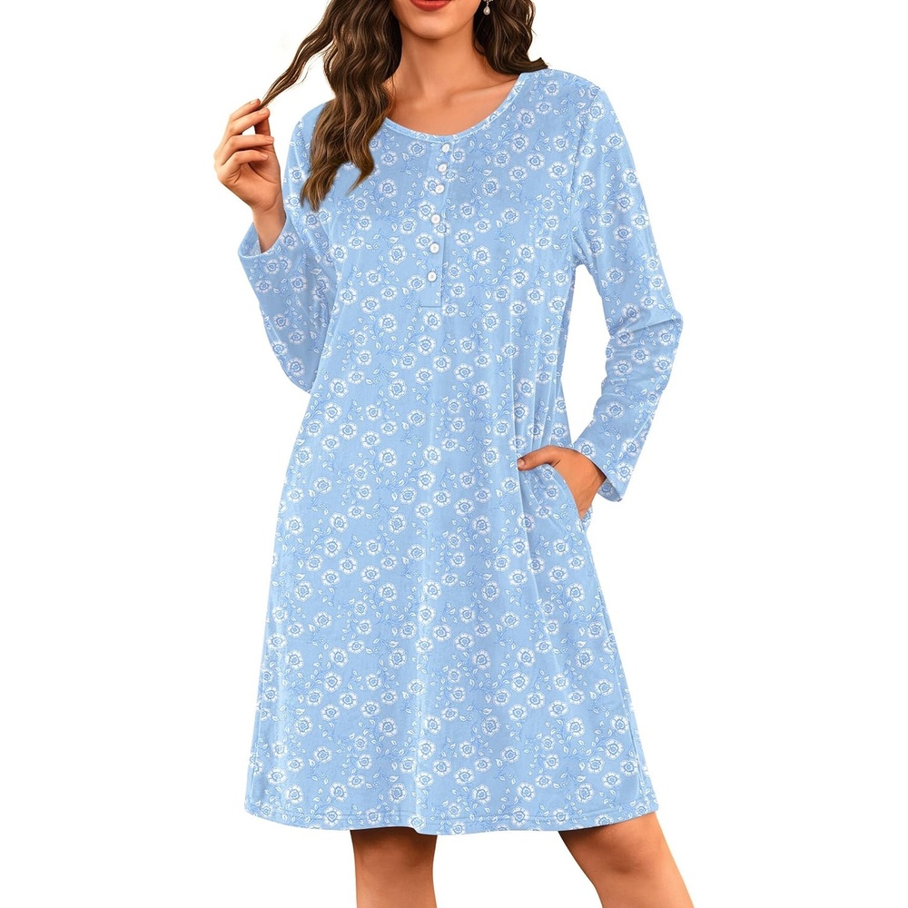image:imageEkouaer Flannel Nightgowns for Women Long Sleeve Night Gown Warm NightshirtLight Blue Floral