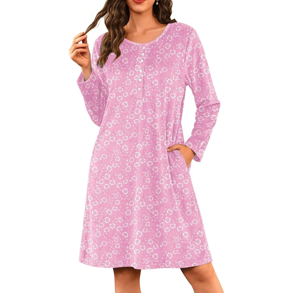 image:imageEkouaer Flannel Nightgowns for Women Long Sleeve Night Gown Warm NightshirtPink Floral