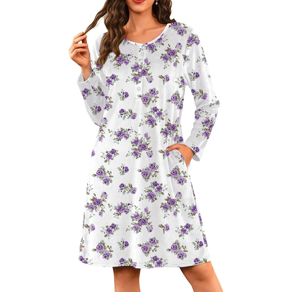 image:imageEkouaer Flannel Nightgowns for Women Long Sleeve Night Gown Warm NightshirtWhite Purple Rose