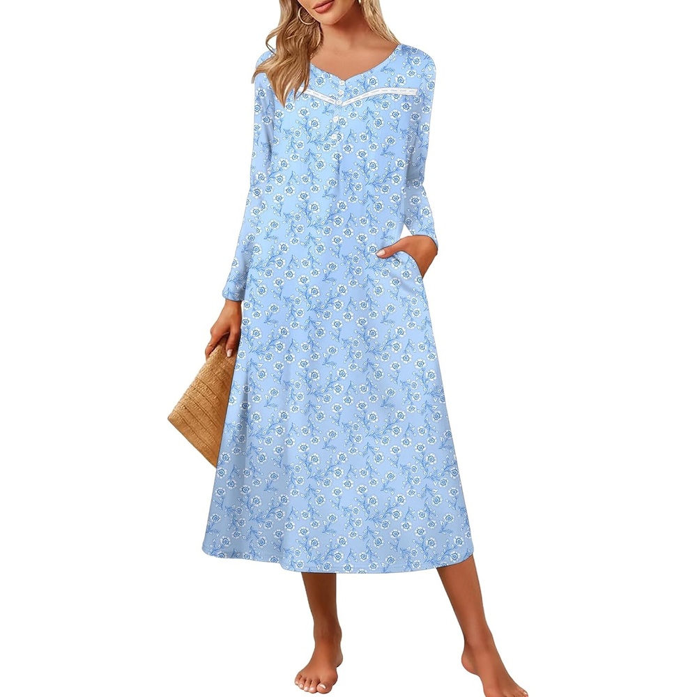 image:imageEkouaer Long Sleeve Nightgowns for Women Henley Sleepshirts with PocketsBlue Floral
