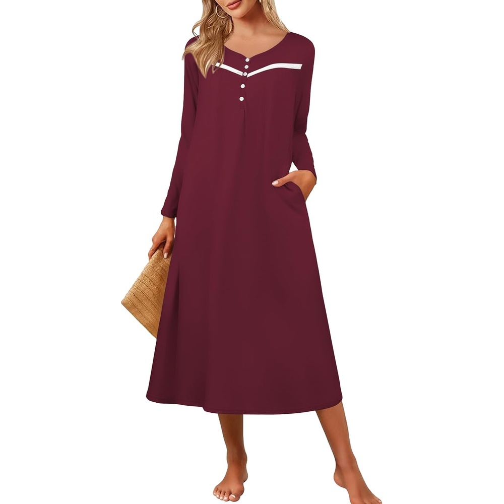 image:imageEkouaer Long Sleeve Nightgowns for Women Henley Sleepshirts with PocketsDark Red