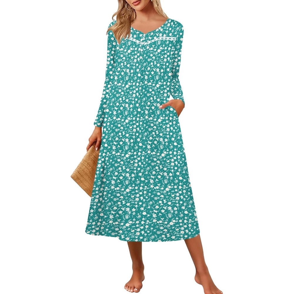 image:imageEkouaer Long Sleeve Nightgowns for Women Henley Sleepshirts with PocketsGreen Floral