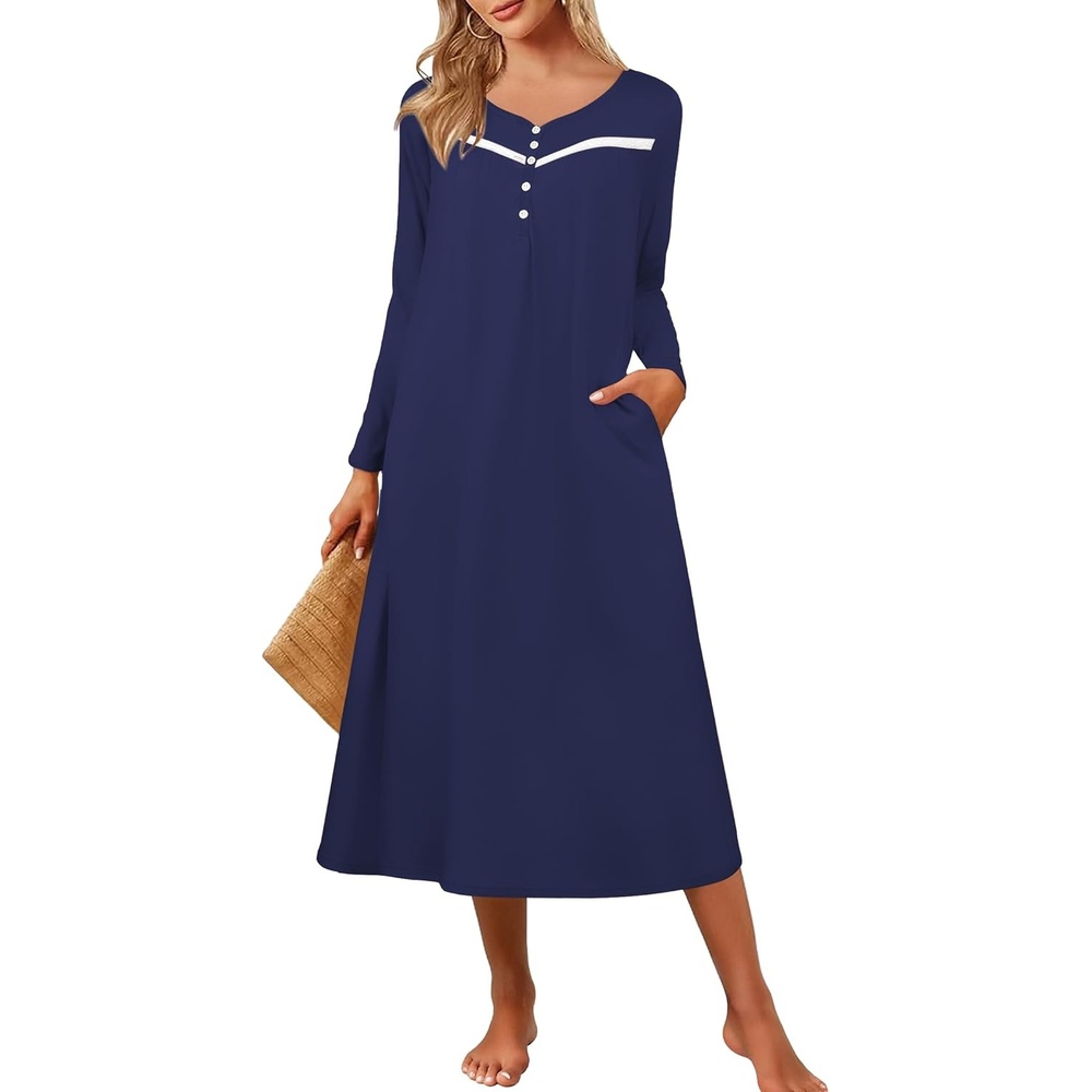 image:imageEkouaer Long Sleeve Nightgowns for Women Henley Sleepshirts with PocketsNavy Blue