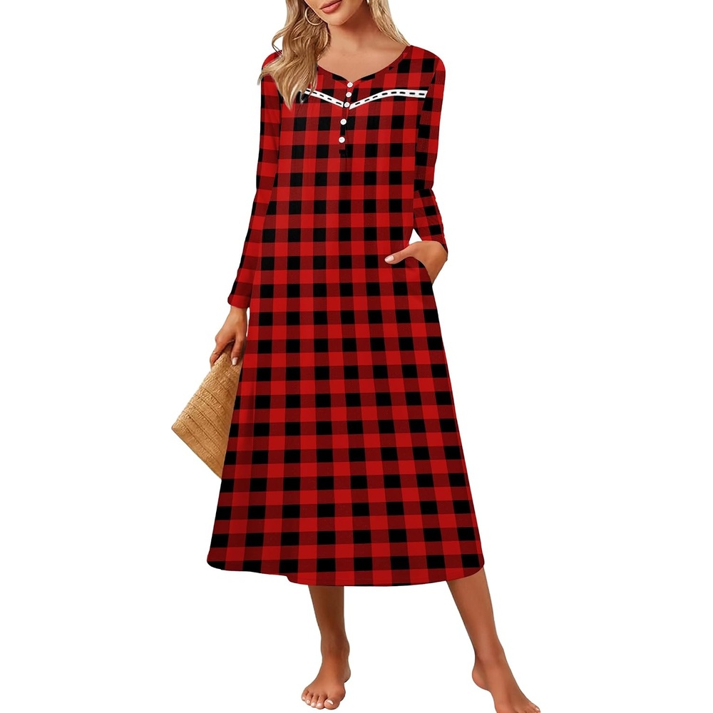 image:imageEkouaer Long Sleeve Nightgowns for Women Henley Sleepshirts with PocketsRed Plaid