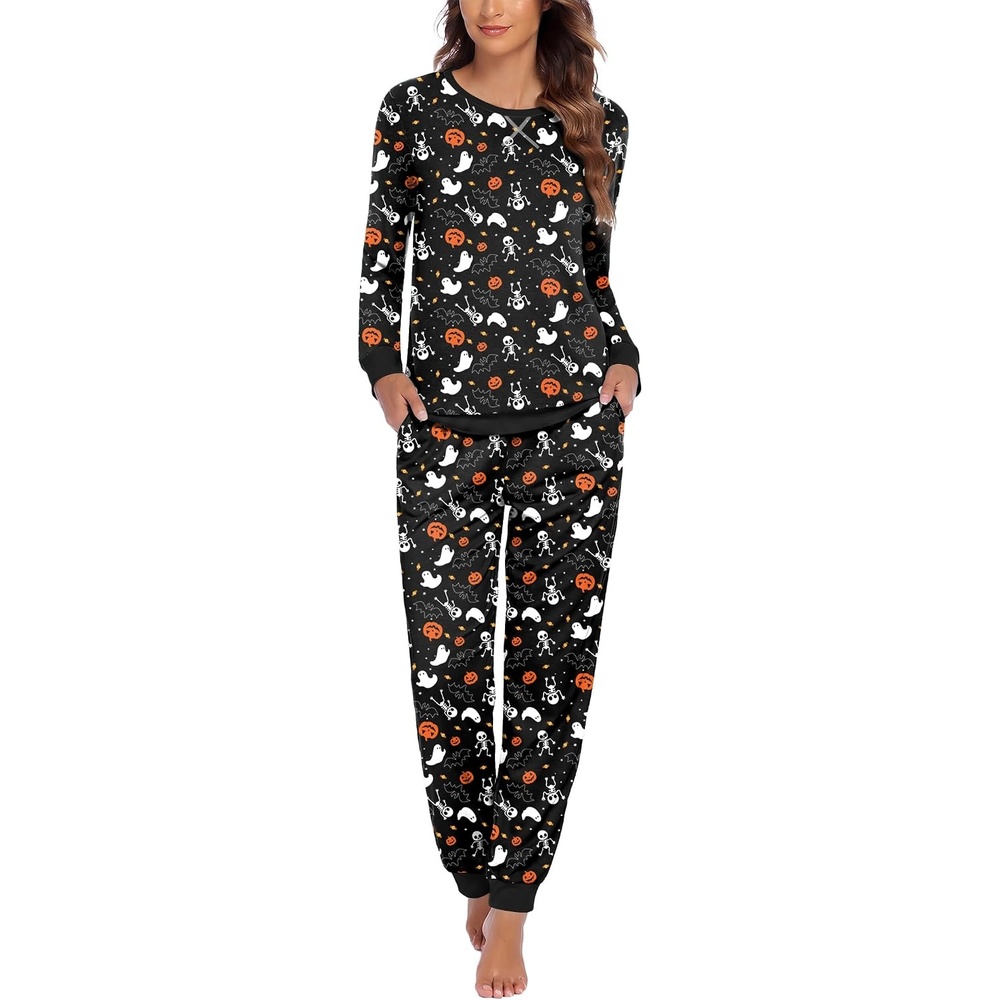 image:imageEkouaer Pajamas for Women Comfy Long Sleeve Jogger Set Lounge Pjs SetBlack Halloween