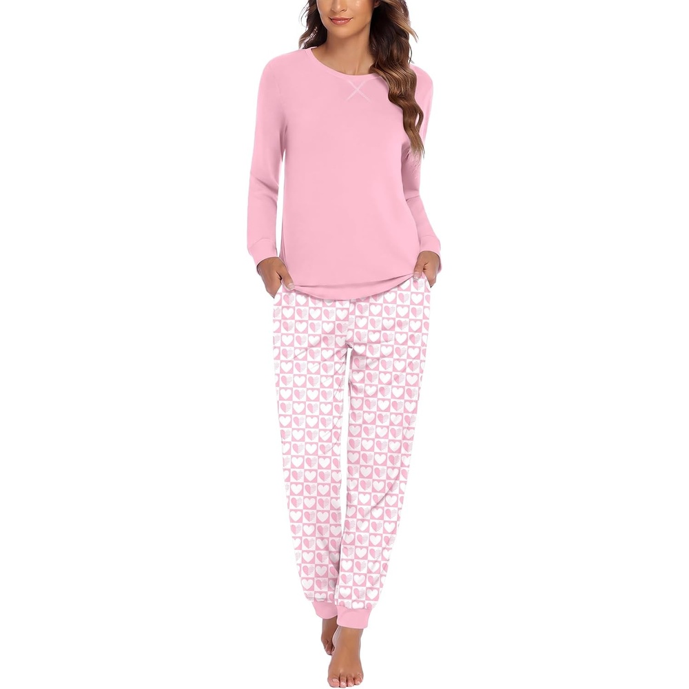 image:imageEkouaer Pajamas for Women Comfy Long Sleeve Jogger Set Lounge Pjs SetPink Plaid Hearts