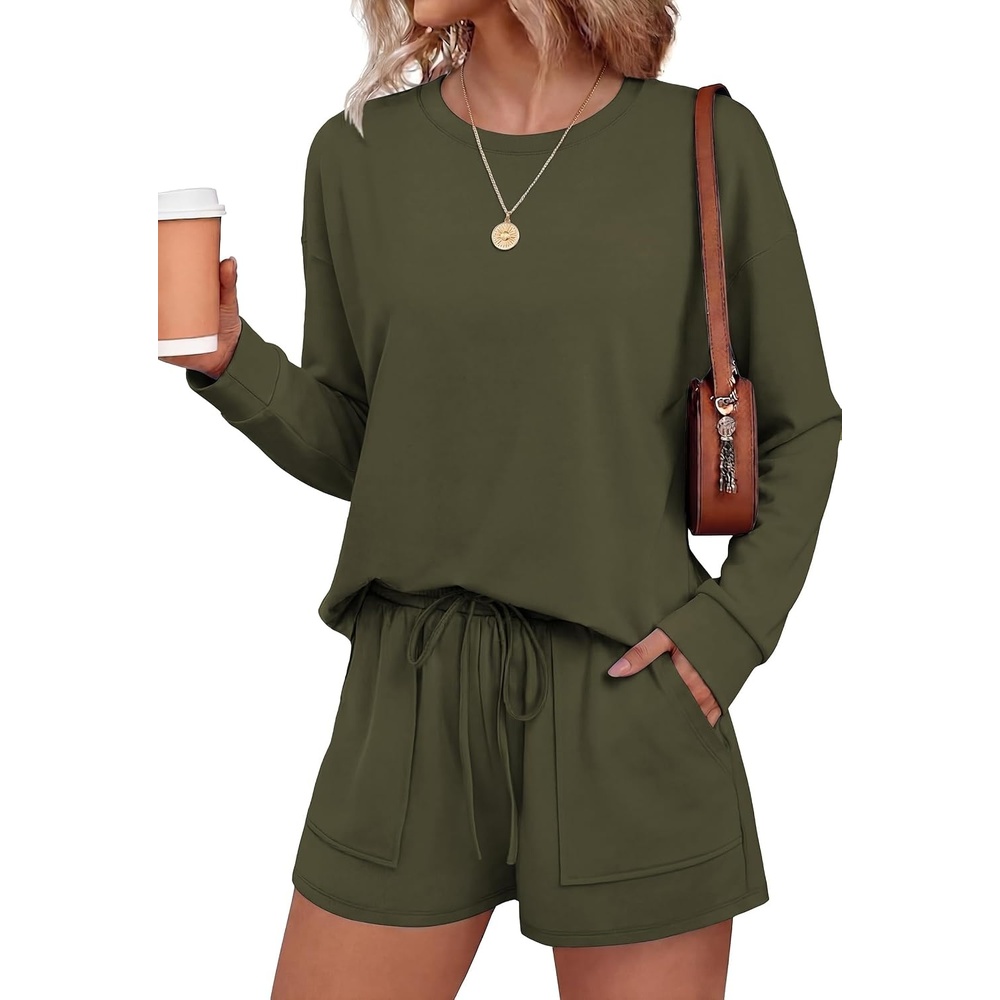 image:imageEkouaer Womens Lounge Sets Pajamas 2026 Fall Long Sleeve TopampShorts XSXXLArmy Green