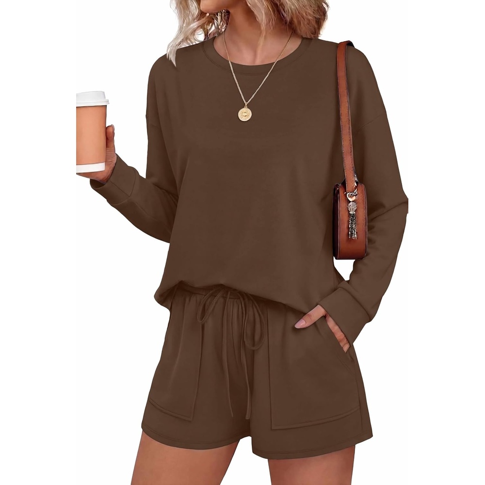 image:imageEkouaer Womens Lounge Sets Pajamas 2026 Fall Long Sleeve TopampShorts XSXXLBrown