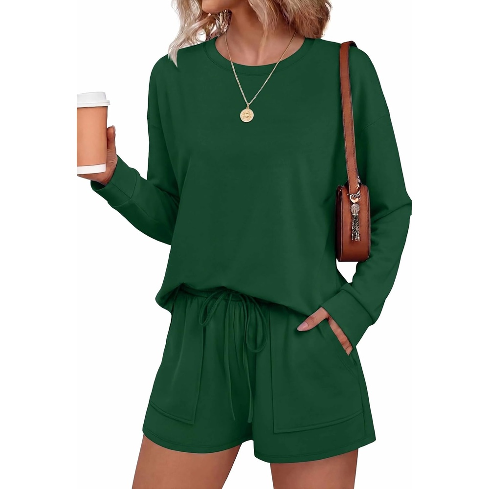 image:imageEkouaer Womens Lounge Sets Pajamas 2026 Fall Long Sleeve TopampShorts XSXXLChristmas Green