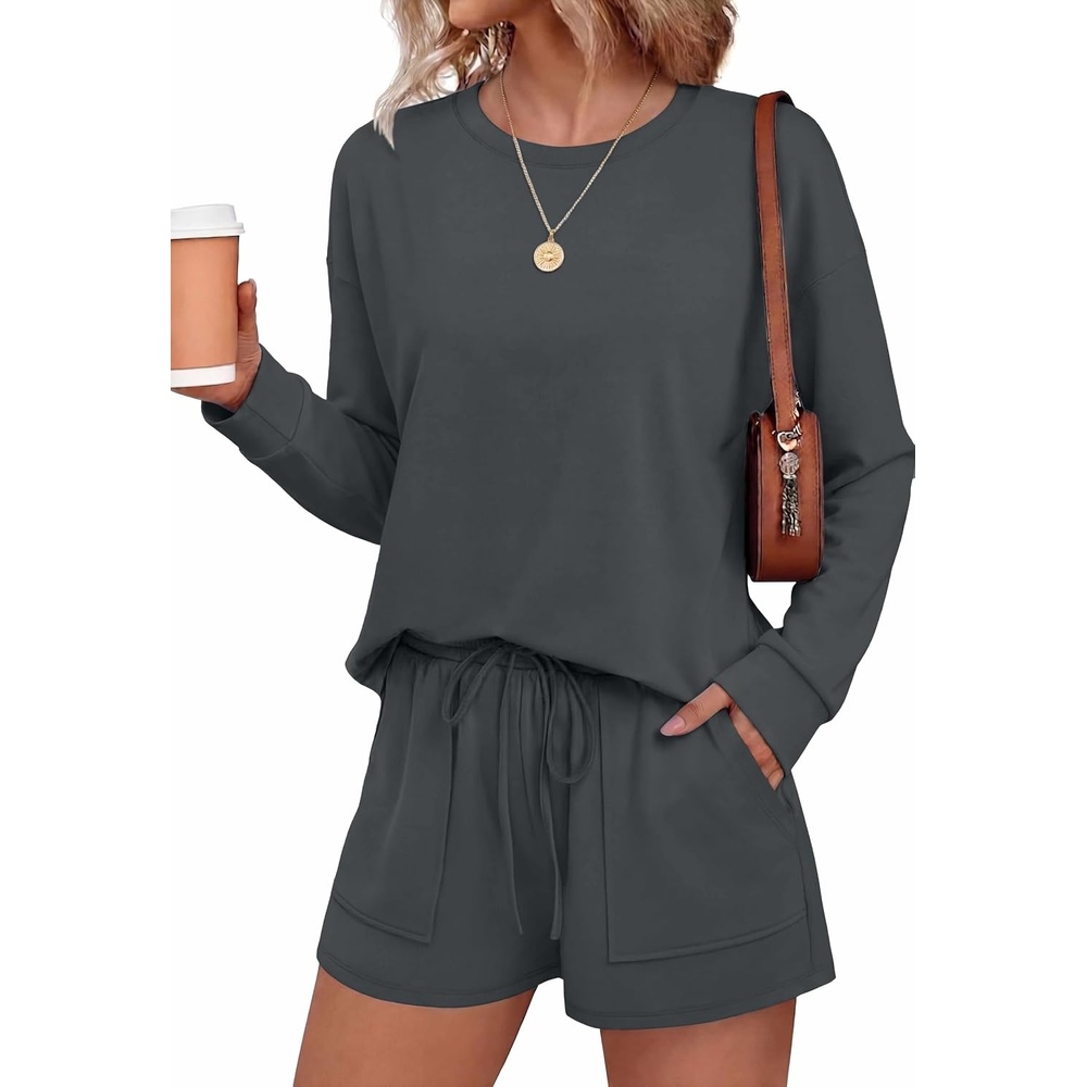 image:imageEkouaer Womens Lounge Sets Pajamas 2026 Fall Long Sleeve TopampShorts XSXXLDark Gray