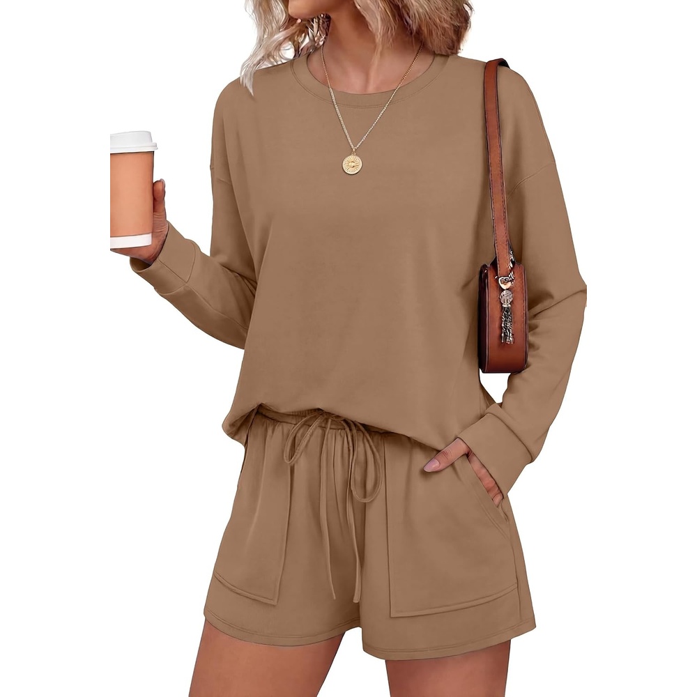 image:imageEkouaer Womens Lounge Sets Pajamas 2026 Fall Long Sleeve TopampShorts XSXXLDark Khaki