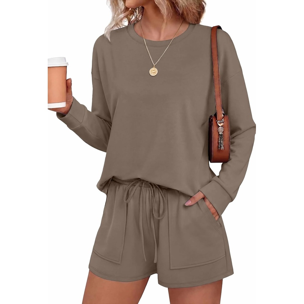 image:imageEkouaer Womens Lounge Sets Pajamas 2026 Fall Long Sleeve TopampShorts XSXXLTaupetastic