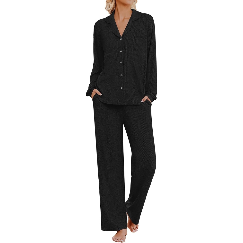 image:imageEkouaer Womens Pajama Sets Long Sleeve Button Down Soft Lounge Sets RibbedBlack