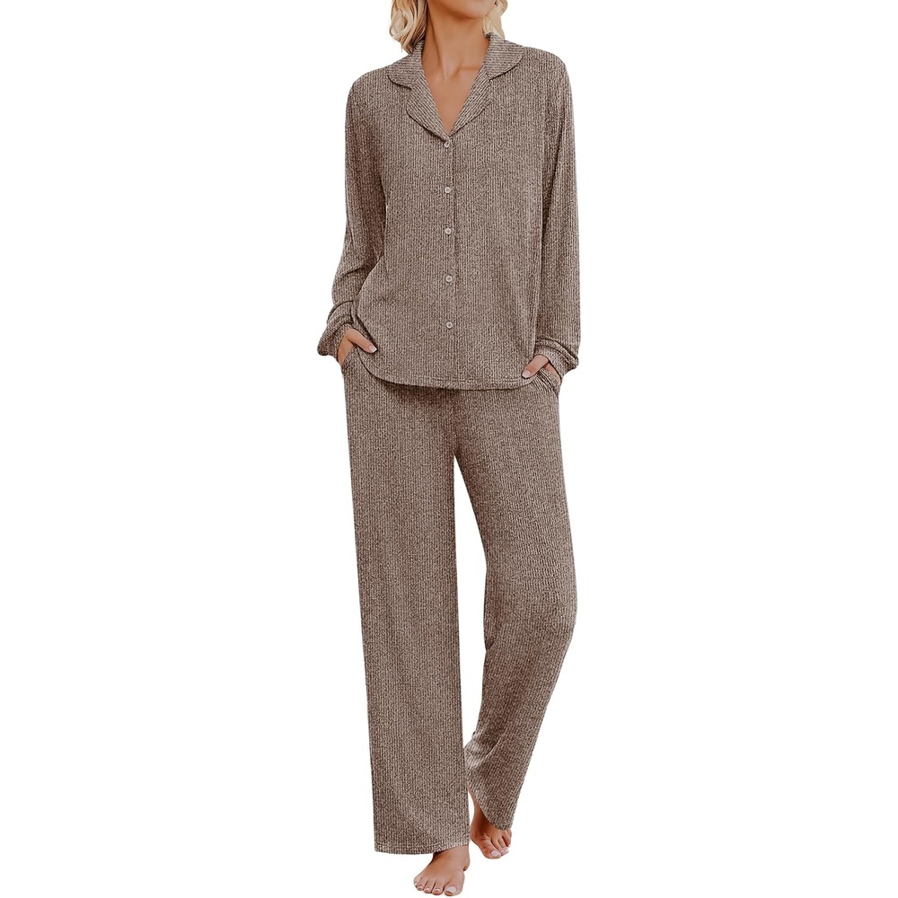 image:imageEkouaer Womens Pajama Sets Long Sleeve Button Down Soft Lounge Sets RibbedBrown