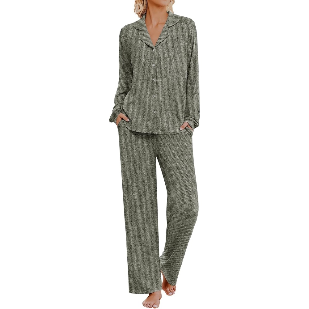 image:imageEkouaer Womens Pajama Sets Long Sleeve Button Down Soft Lounge Sets RibbedGrey Green