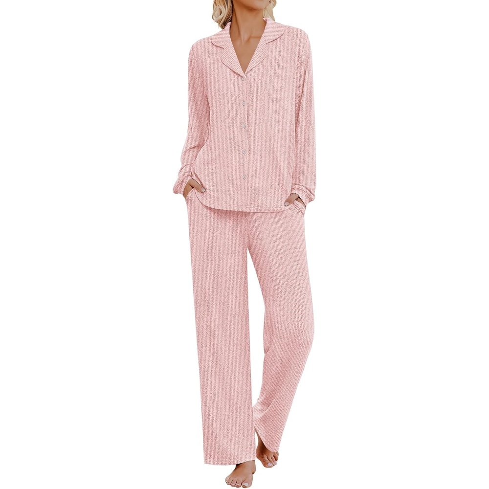 image:imageEkouaer Womens Pajama Sets Long Sleeve Button Down Soft Lounge Sets RibbedLight Pink
