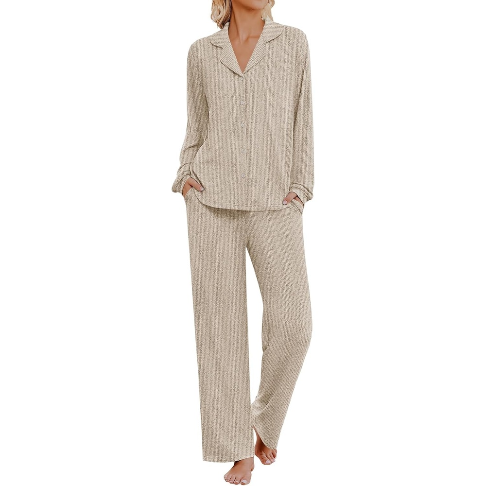 image:imageEkouaer Womens Pajama Sets Long Sleeve Button Down Soft Lounge Sets RibbedMoon Grey