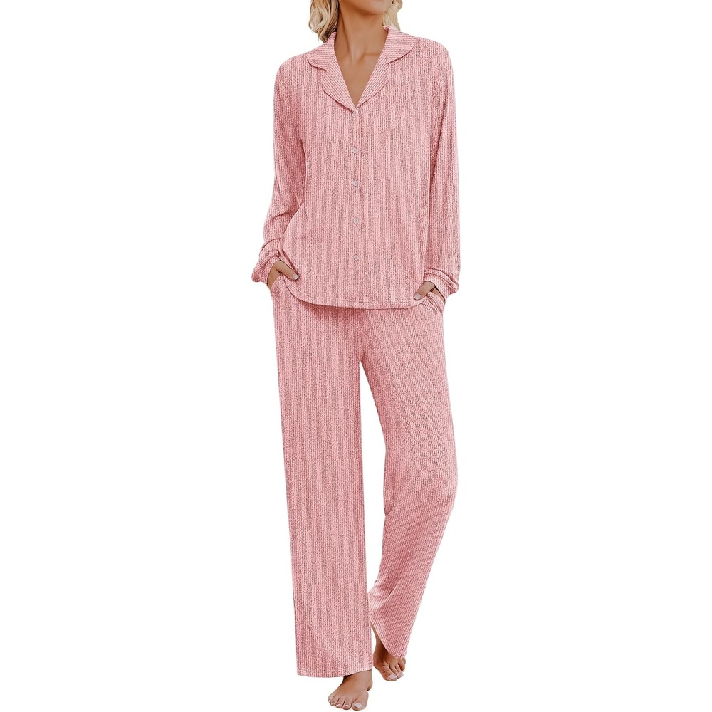image:imageEkouaer Womens Pajama Sets Long Sleeve Button Down Soft Lounge Sets RibbedOrange Pink