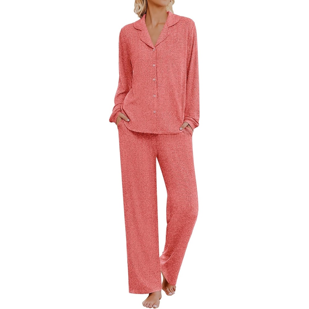 image:imageEkouaer Womens Pajama Sets Long Sleeve Button Down Soft Lounge Sets RibbedRed