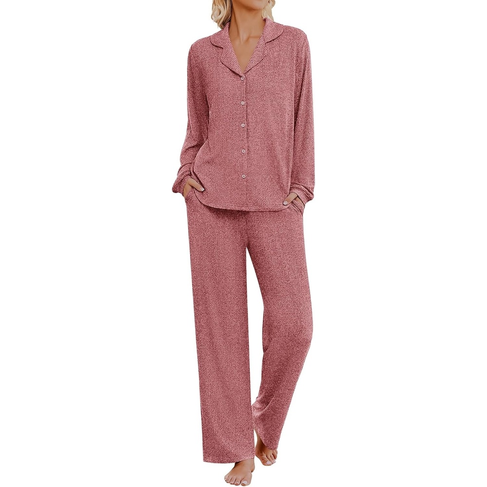 image:imageEkouaer Womens Pajama Sets Long Sleeve Button Down Soft Lounge Sets RibbedWine Red