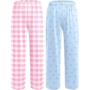 Ekouaer 2 Pack Girls Pajama Pants Cute Print PJ Bottoms With Pockets(Blue Bow_pink Plaid)