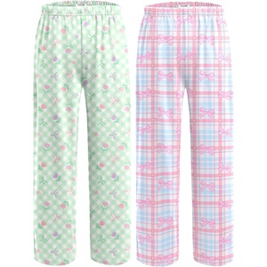 Ekouaer 2 Pack Girls Pajama Pants Cute Print PJ Bottoms With Pockets(Green Plaid_pink Plaid)