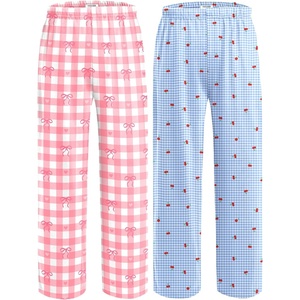 Ekouaer 2 Pack Girls Pajama Pants Cute Print PJ Bottoms With Pockets(Pink Plaid_cherry Plaid)