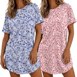 Ekouaer 2 Pack Nightgowns for Women Bamboo Viscose Short Sleeve Sleepshirt(Floral Pink/Purple Dots)
